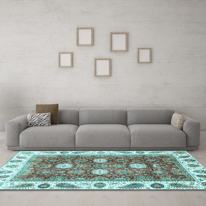 Machine Washable Oriental Light Blue Traditional Rug in a Living Room, wshabs3602lblu