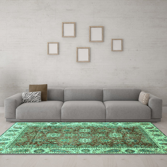 Machine Washable Oriental Turquoise Traditional Area Rugs in a Living Room,, wshabs3603turq