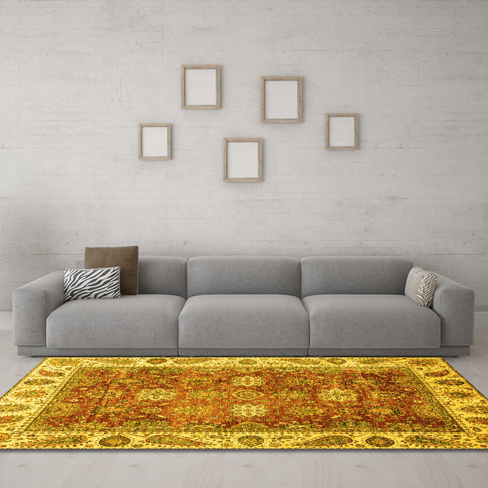 Machine Washable Oriental Yellow Traditional Rug in a Living Room, wshabs3603yw