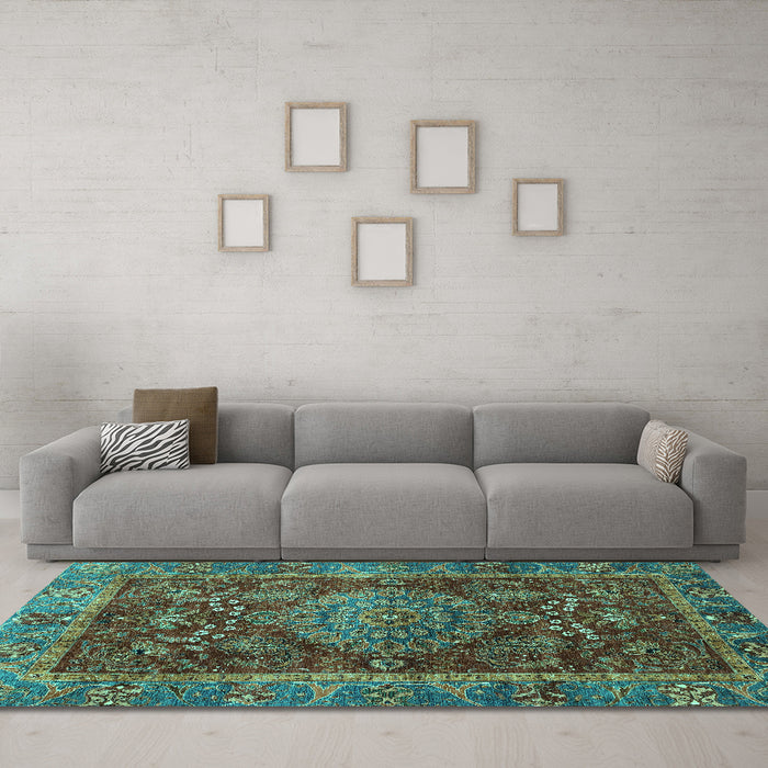 Machine Washable Abstract Turquoise Modern Area Rugs in a Living Room,, wshabs3604turq