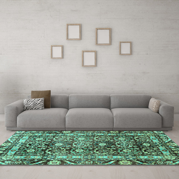 Machine Washable Oriental Turquoise Traditional Area Rugs in a Living Room,, wshabs3605turq
