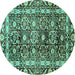 Round Machine Washable Oriental Turquoise Traditional Area Rugs, wshabs3605turq