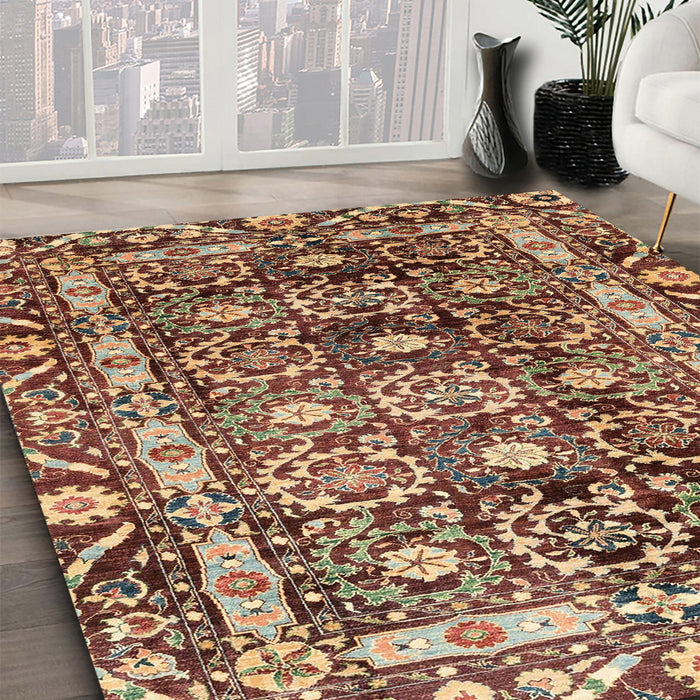 Abstract Saffron Red Oriental Rug in Family Room, abs3605