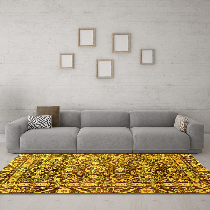 Machine Washable Oriental Yellow Traditional Rug in a Living Room, wshabs3605yw