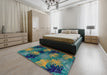 Abstract Blue Moss Green Modern Rug in a Bedroom, abs3606