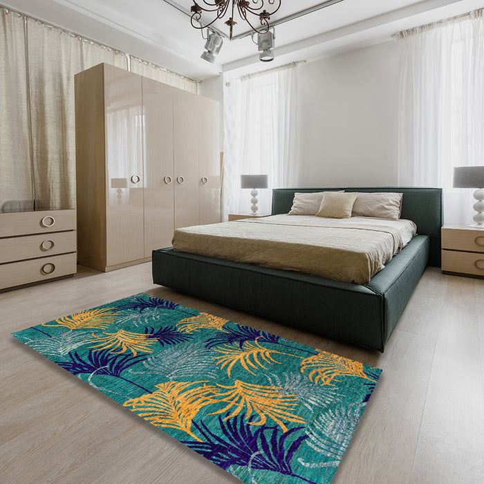 Machine Washable Abstract Blue Moss Green Rug in a Bedroom, wshabs3606