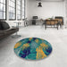 Round Machine Washable Abstract Blue Moss Green Rug in a Office, wshabs3606