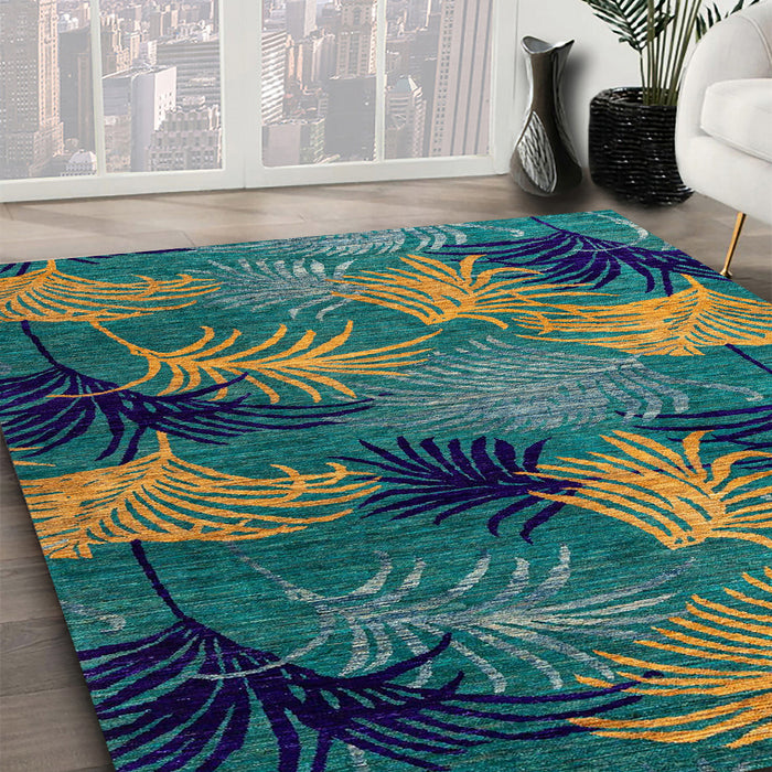 Machine Washable Abstract Blue Moss Green Rug in a Family Room, wshabs3606