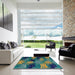 Square Abstract Blue Moss Green Modern Rug in a Living Room, abs3606