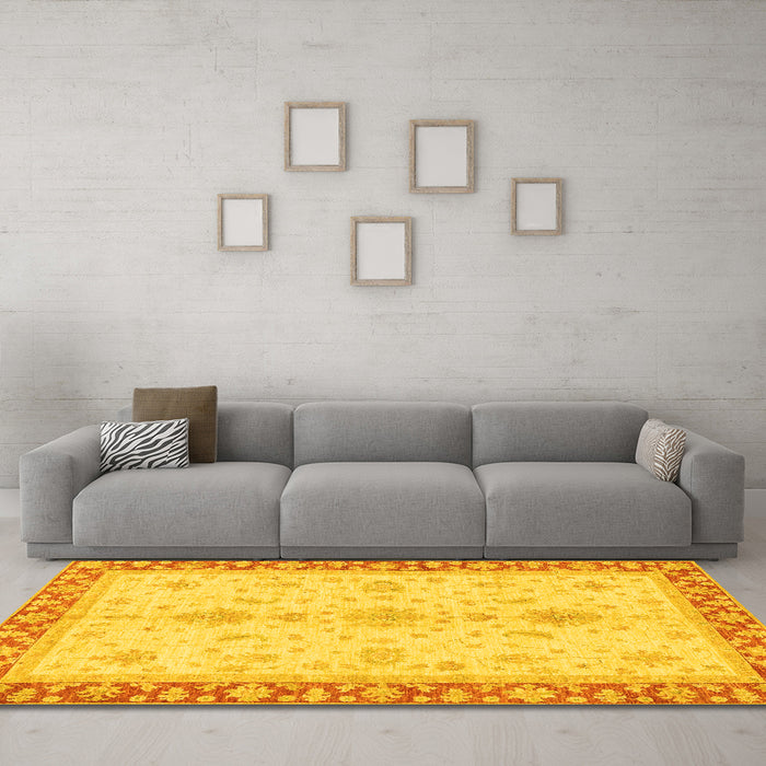 Machine Washable Oriental Yellow Traditional Rug in a Living Room, wshabs3607yw