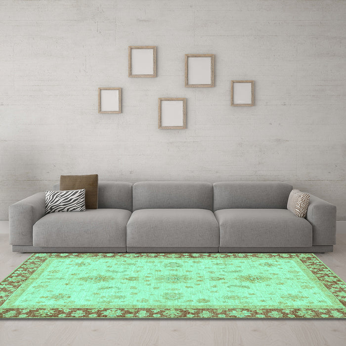 Machine Washable Oriental Turquoise Traditional Area Rugs in a Living Room,, wshabs3607turq