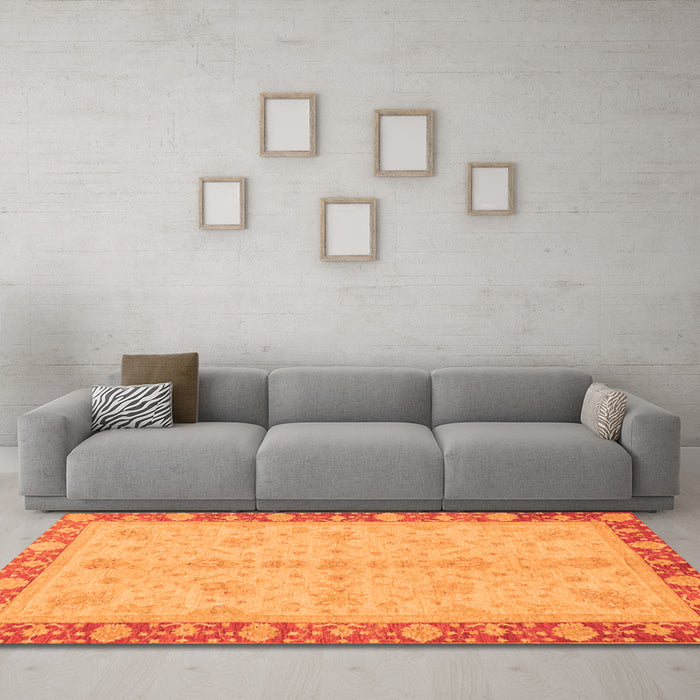 Machine Washable Abstract Orange Modern Area Rugs in a Living Room, wshabs3613org