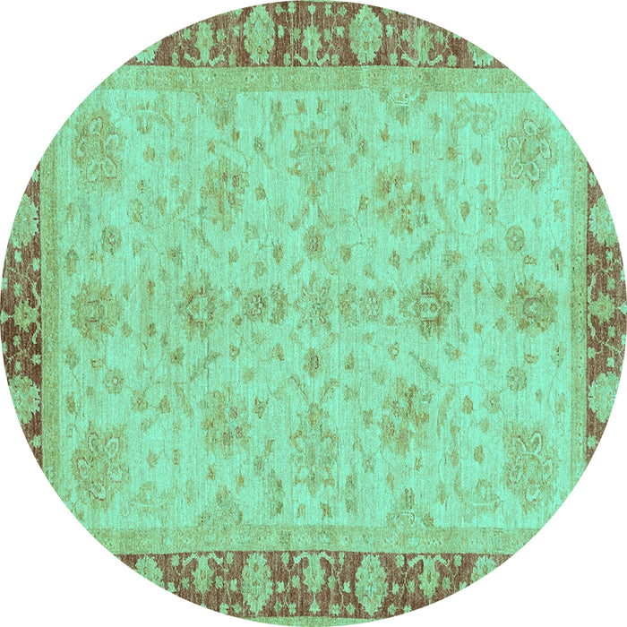 Round Machine Washable Oriental Turquoise Traditional Area Rugs, wshabs3614turq