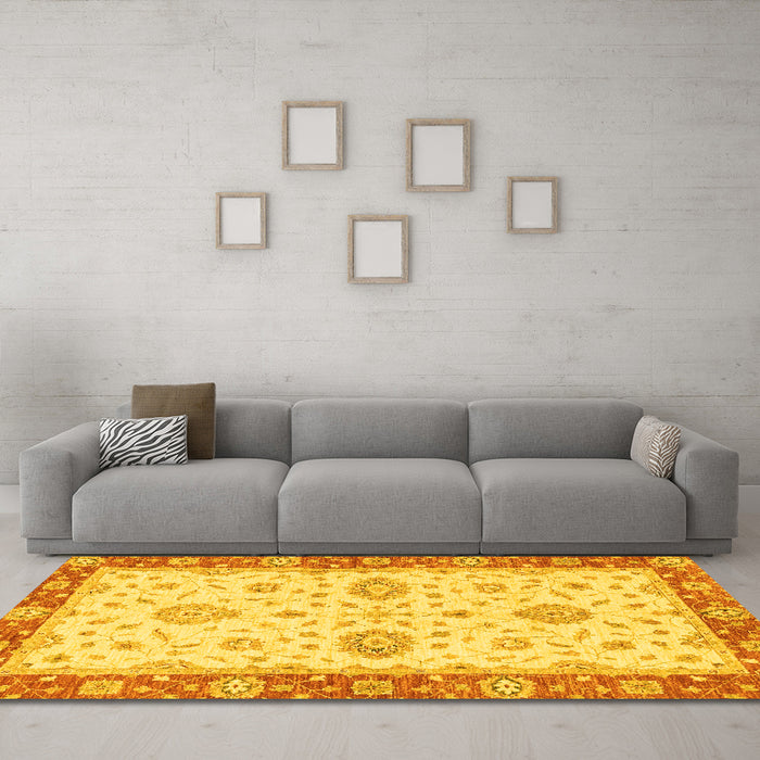 Machine Washable Oriental Yellow Traditional Rug in a Living Room, wshabs3619yw