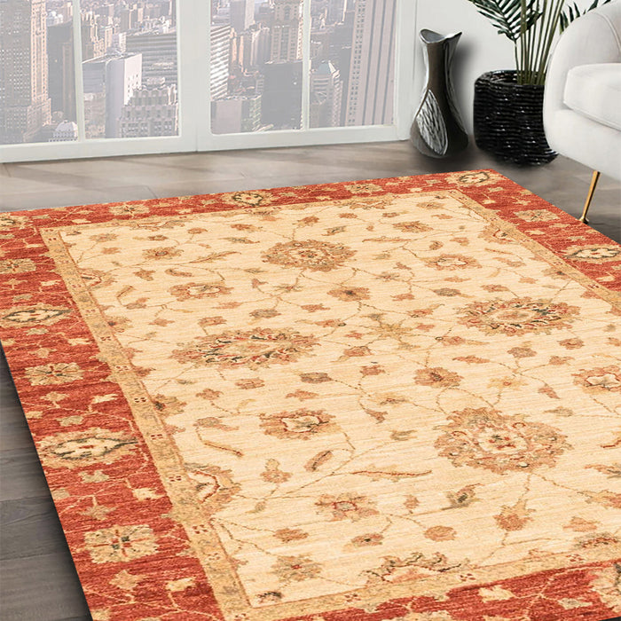 Abstract Mustard Yellow Oriental Rug in Family Room, abs3619