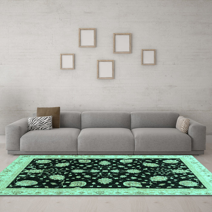 Machine Washable Oriental Turquoise Traditional Area Rugs in a Living Room,, wshabs3625turq
