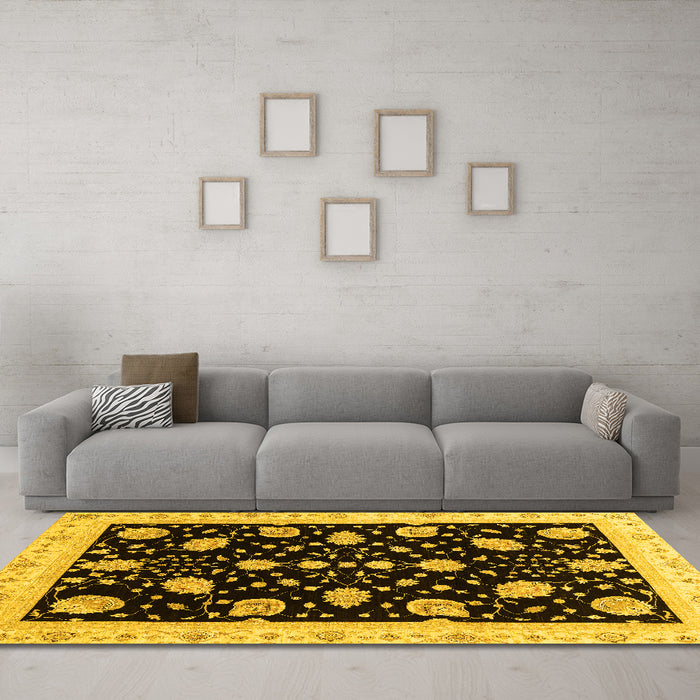 Machine Washable Oriental Yellow Traditional Rug in a Living Room, wshabs3625yw