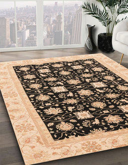 Abstract Dark Brown Oriental Rug in Family Room, abs3626