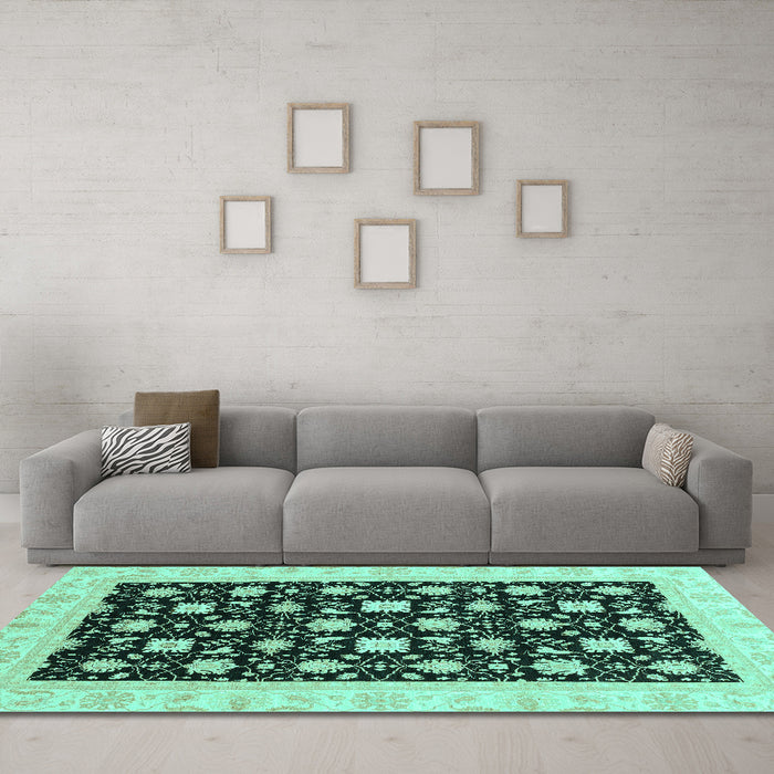 Machine Washable Oriental Turquoise Traditional Area Rugs in a Living Room,, wshabs3626turq