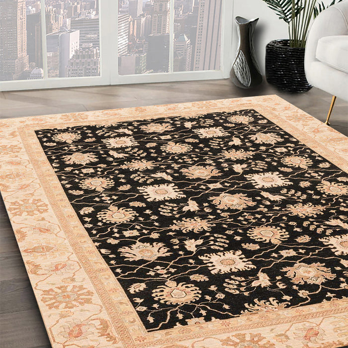 Abstract Dark Brown Oriental Rug in Family Room, abs3626