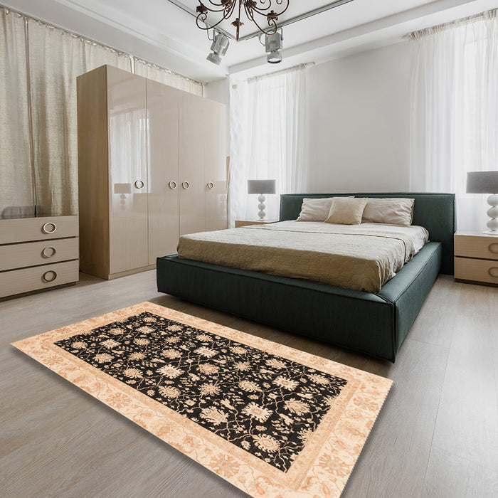 Abstract Dark Brown Oriental Rug in a Bedroom, abs3626