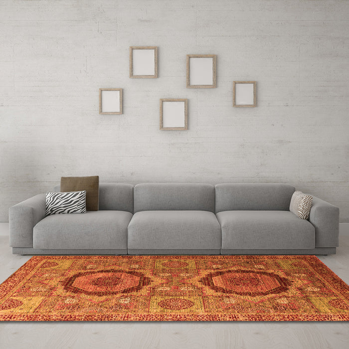 Machine Washable Abstract Orange Modern Area Rugs in a Living Room, wshabs3629org