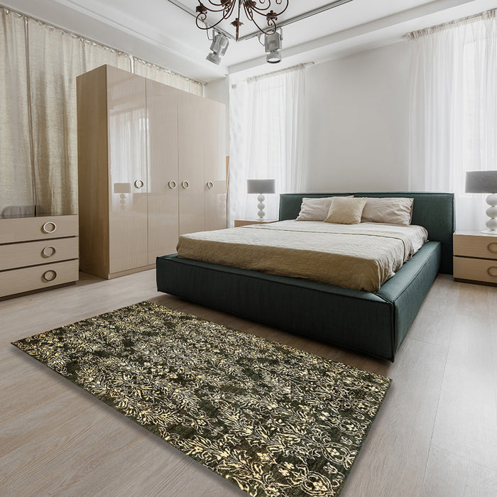 Abstract Dark Khaki Green Modern Rug in a Bedroom, abs362