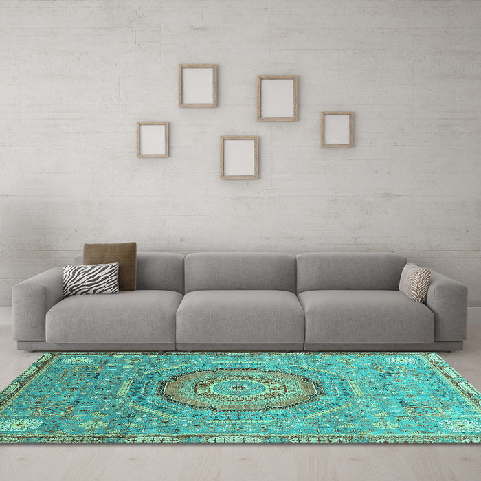 Machine Washable Abstract Turquoise Modern Area Rugs in a Living Room,, wshabs3632turq