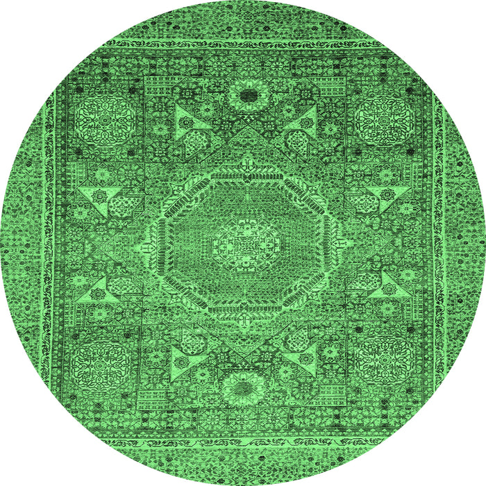Round Machine Washable Abstract Emerald Green Modern Area Rugs, wshabs3633emgrn