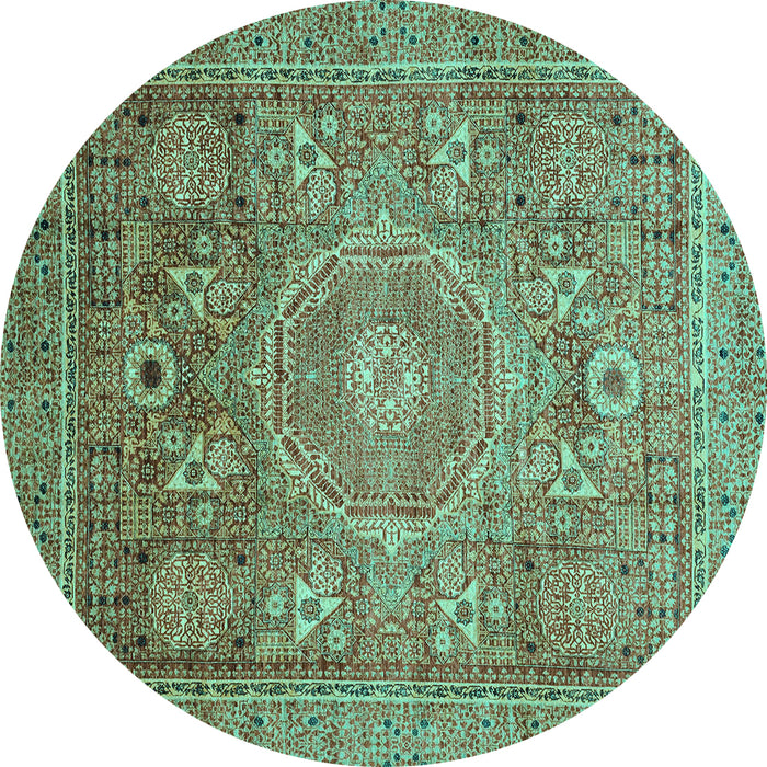 Round Machine Washable Abstract Turquoise Modern Area Rugs, wshabs3633turq