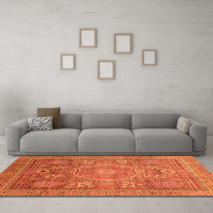 Machine Washable Abstract Orange Modern Area Rugs in a Living Room, wshabs3633org