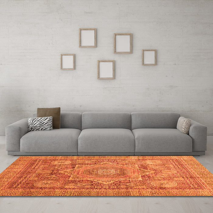 Machine Washable Abstract Orange Modern Area Rugs in a Living Room, wshabs3634org