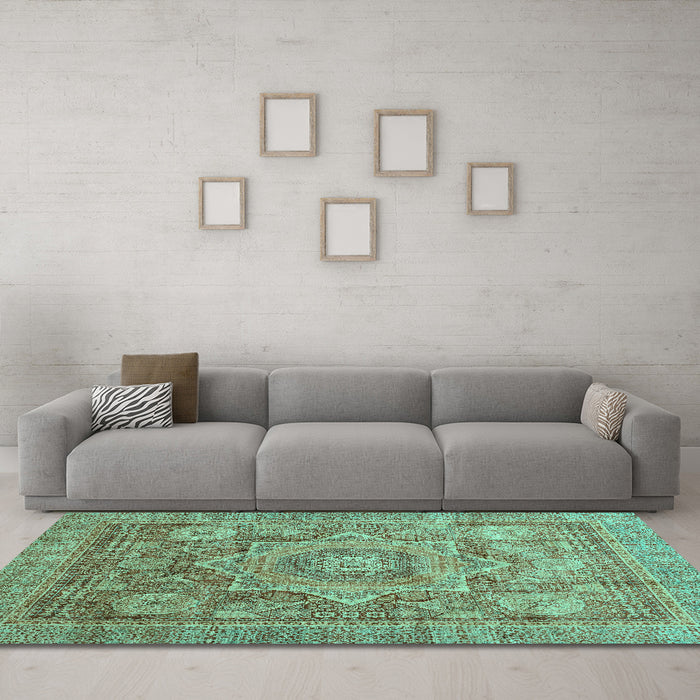 Machine Washable Abstract Turquoise Modern Area Rugs in a Living Room,, wshabs3634turq