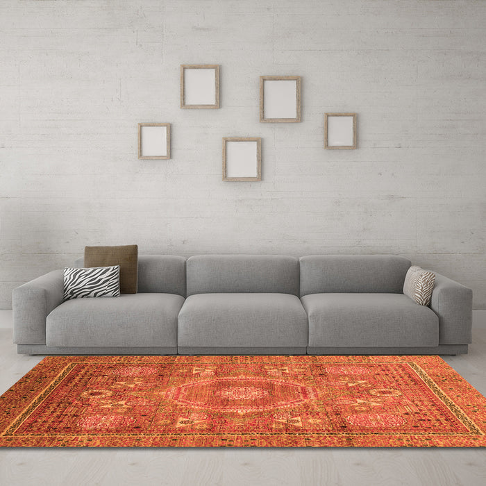 Machine Washable Abstract Orange Modern Area Rugs in a Living Room, wshabs3635org
