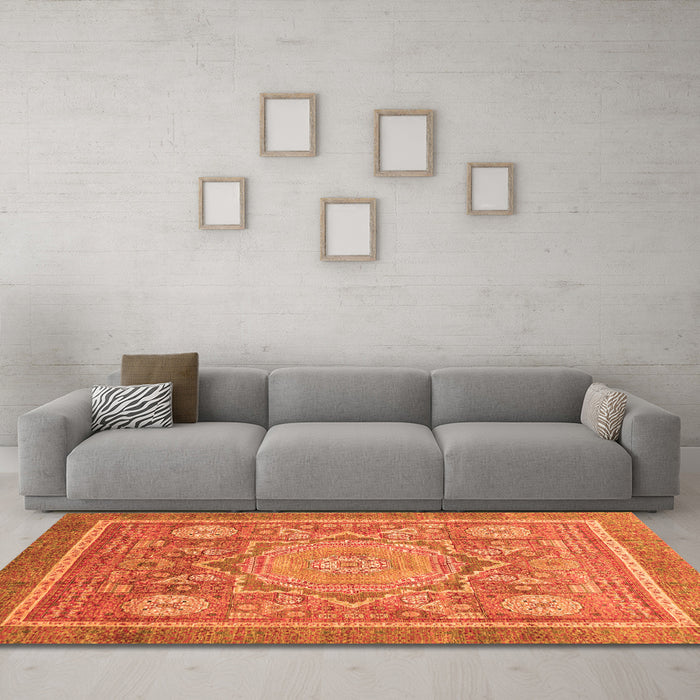 Machine Washable Abstract Orange Modern Area Rugs in a Living Room, wshabs3636org