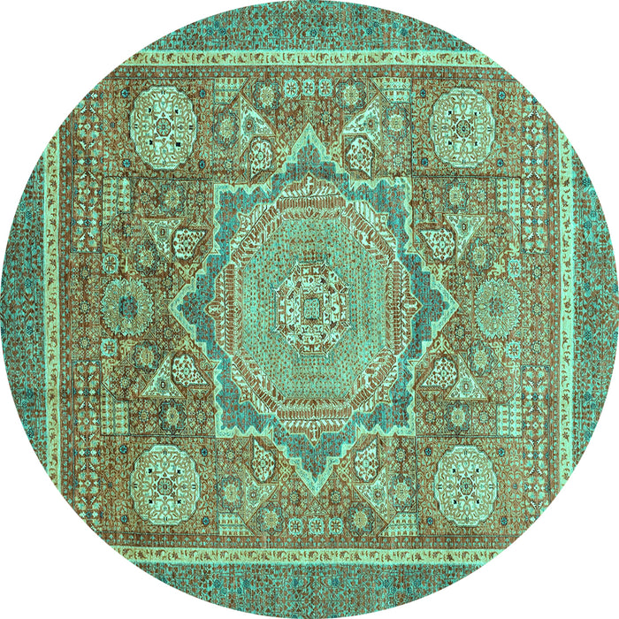 Round Machine Washable Abstract Turquoise Modern Area Rugs, wshabs3636turq