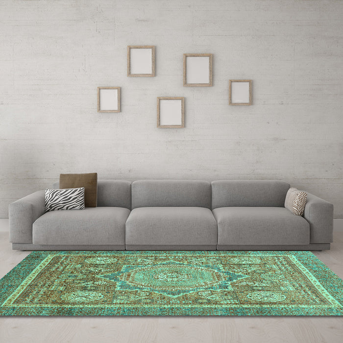 Machine Washable Abstract Turquoise Modern Area Rugs in a Living Room,, wshabs3636turq