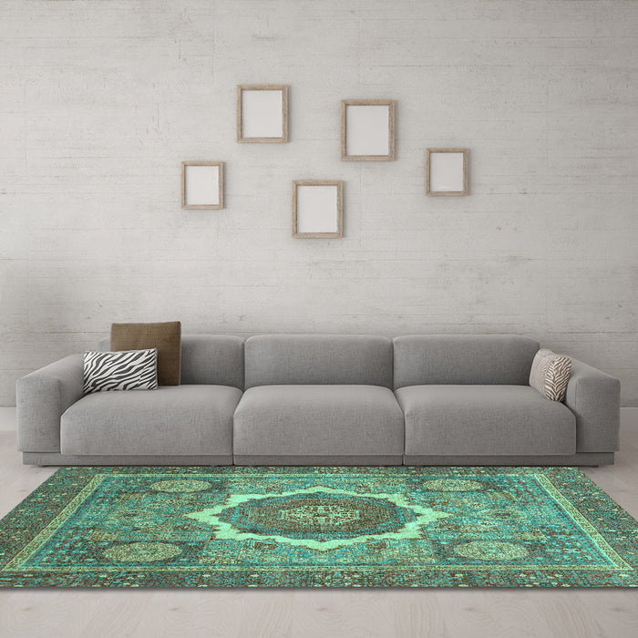 Machine Washable Abstract Turquoise Modern Area Rugs in a Living Room,, wshabs3637turq