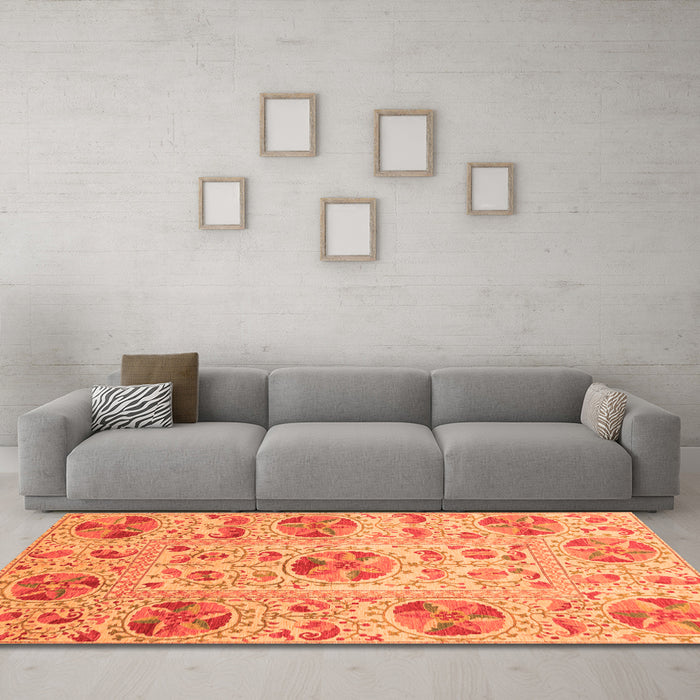 Machine Washable Abstract Orange Modern Area Rugs in a Living Room, wshabs3638org
