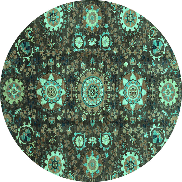 Round Machine Washable Oriental Turquoise Modern Area Rugs, wshabs3641turq