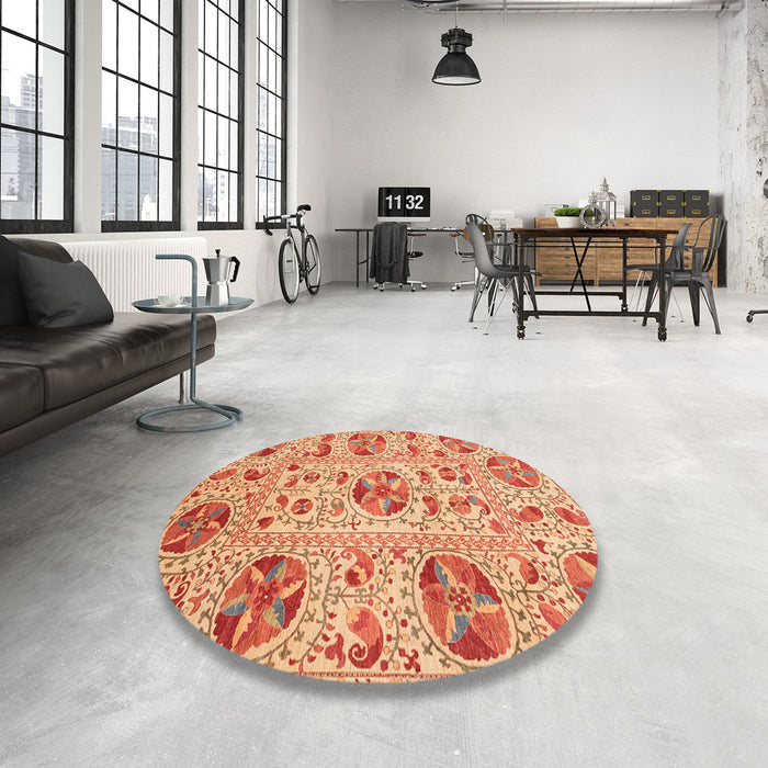Round Machine Washable Abstract Orange Red Rug in a Office, wshabs3643