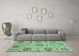 Machine Washable Oriental Turquoise Modern Area Rugs in a Living Room,, wshabs3643turq