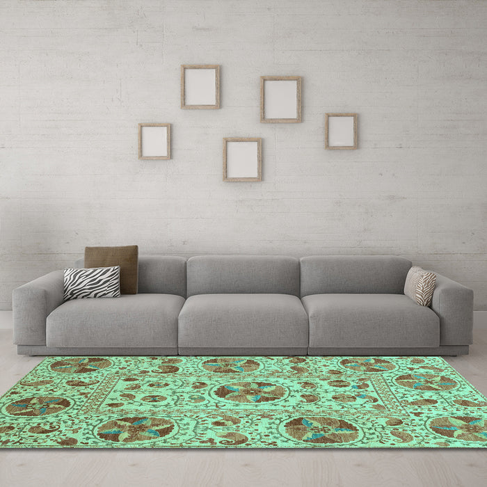 Machine Washable Oriental Turquoise Modern Area Rugs in a Living Room,, wshabs3643turq