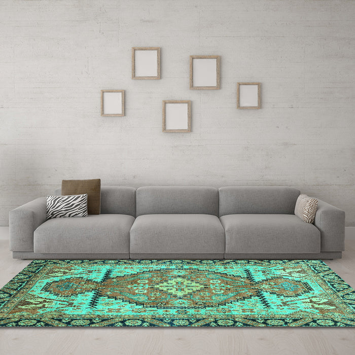 Machine Washable Oriental Turquoise Modern Area Rugs in a Living Room,, wshabs3644turq