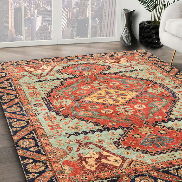 Abstract Fire Brick Red Oriental Rug in Family Room, abs3644