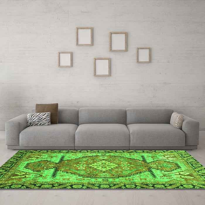 Machine Washable Oriental Green Modern Area Rugs in a Living Room,, wshabs3644grn