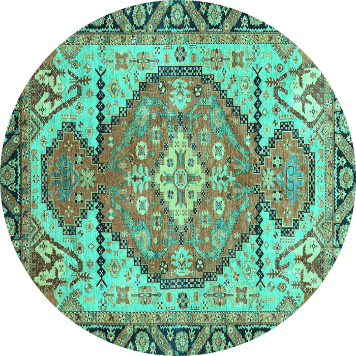 Round Machine Washable Oriental Turquoise Modern Area Rugs, wshabs3644turq