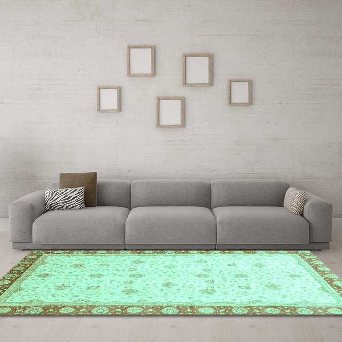 Machine Washable Oriental Turquoise Modern Area Rugs in a Living Room,, wshabs3646turq