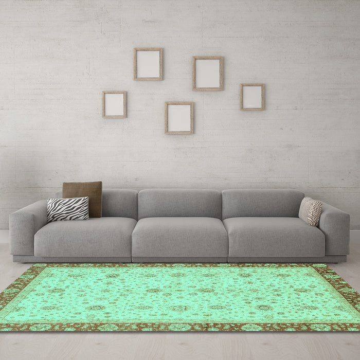 Machine Washable Oriental Turquoise Modern Area Rugs in a Living Room,, wshabs3648turq