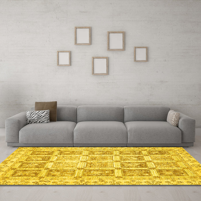 Machine Washable Abstract Yellow Modern Rug in a Living Room, wshabs364yw